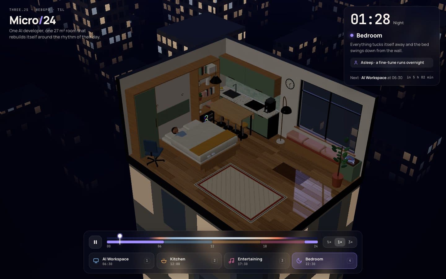 Micro/24: a compact apartment at night seen from above, with a day timeline below
