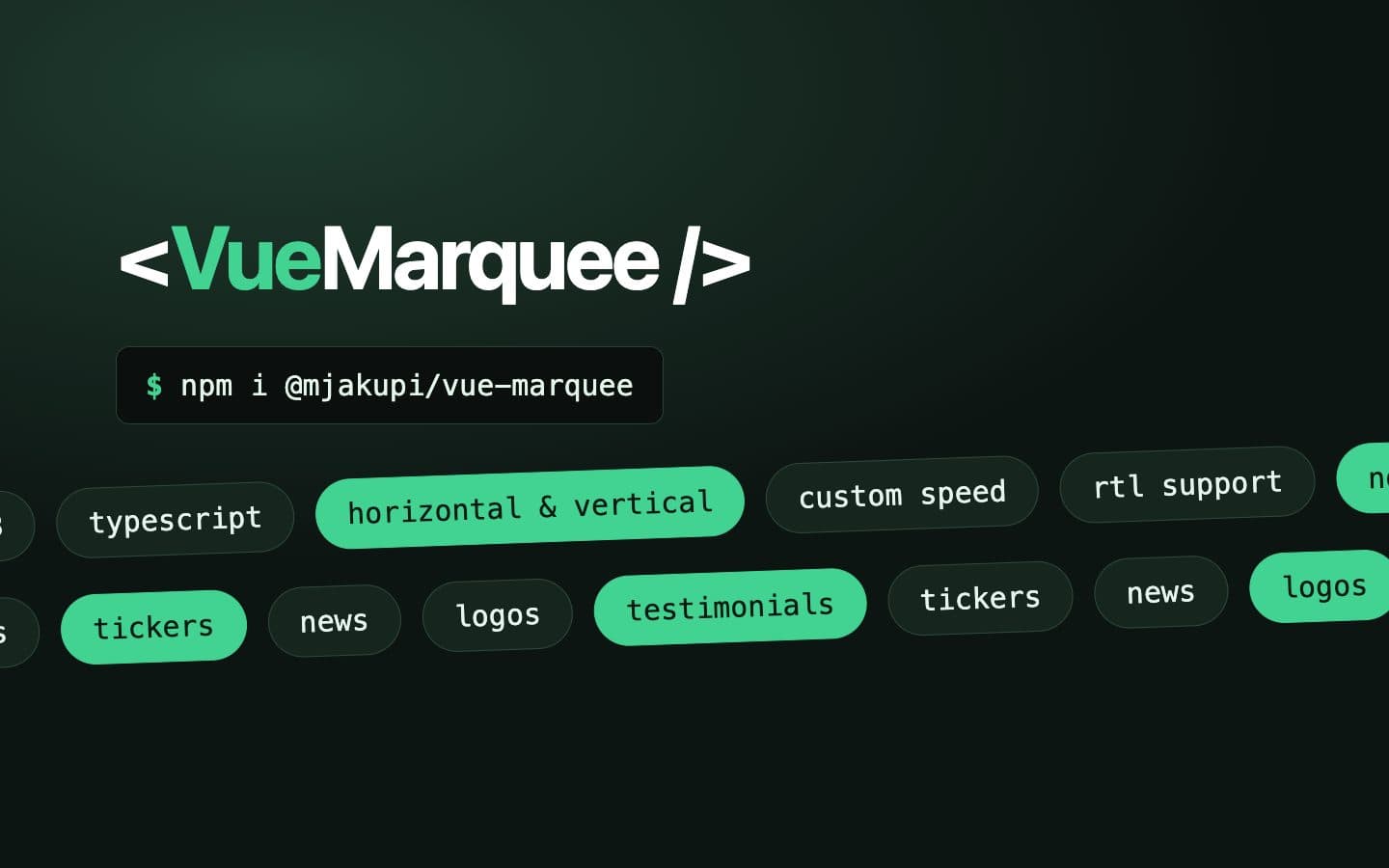 The Vue Marquee npm package and its install command